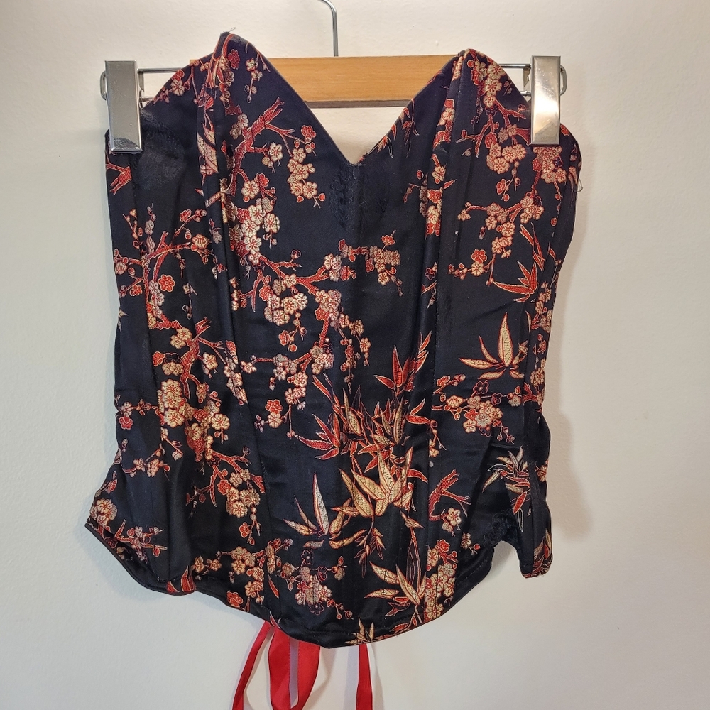 Vintage Shkank Y2k 100% Silk Black And Red Jacquard Bustier Corset Laced Top - M